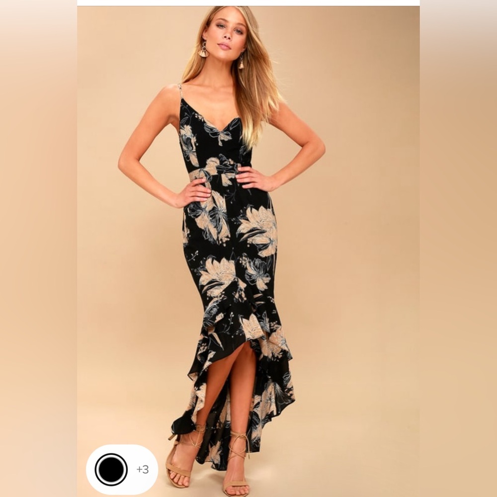 Lulus Darling Daylily Black Floral High Low Maxi Dress